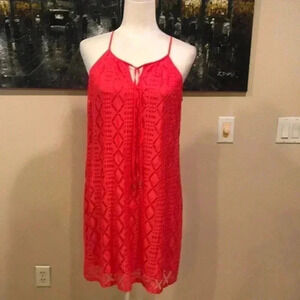 As U Wish Dress Womens Coral Mini Halter Neck Shift Stretch Sheer Lace-Size L